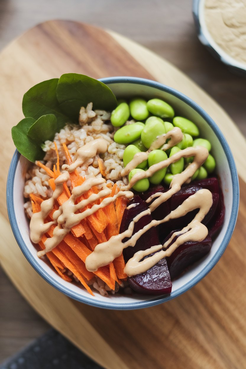 An indoor tabletop overhead shot of a bowl arranged in colorful segments—brown rice, roasted beets, edamame, shredded carrots, and a drizzle of creamy tahini sauce. No visible text or branding.