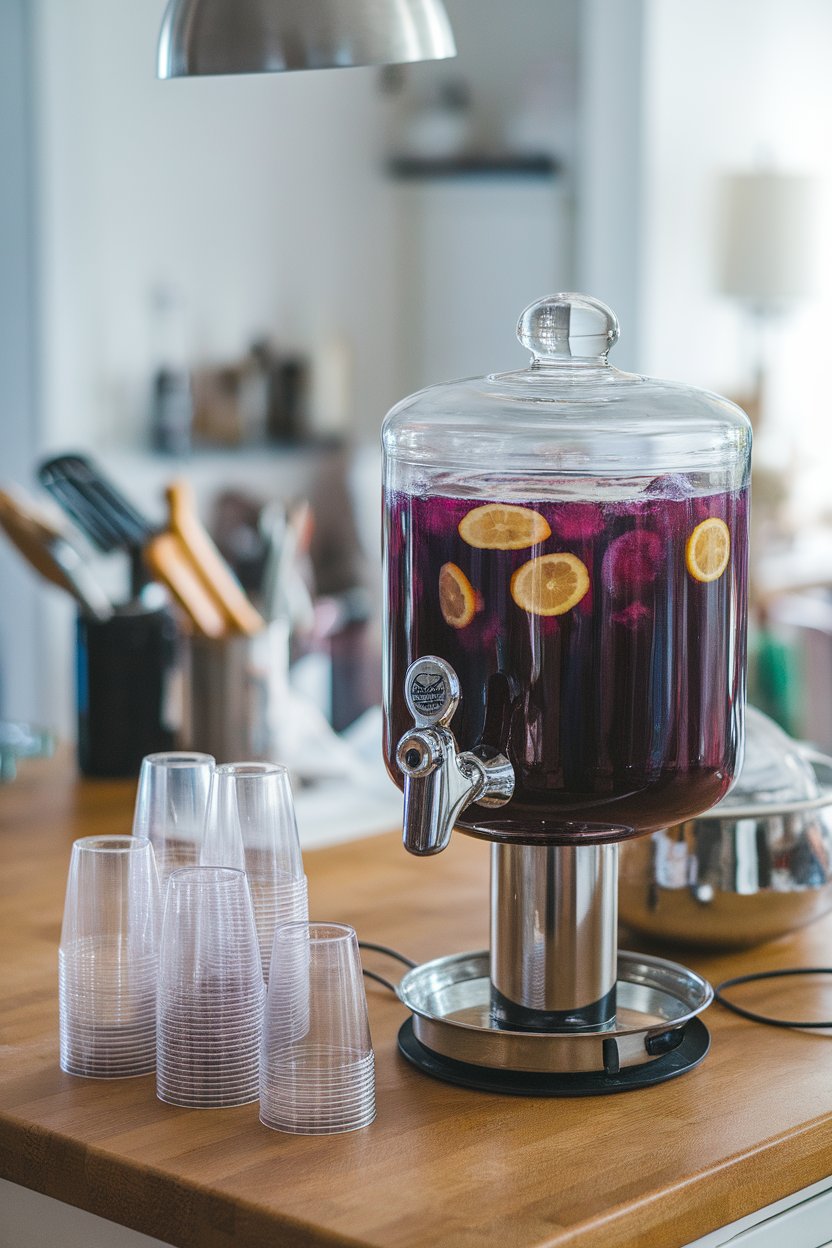Indoor kitchen island with a glass dispenser of deep-purple punch, clear plastic cups stacked nearby, floating lemon slices visible, no text or logos, photo