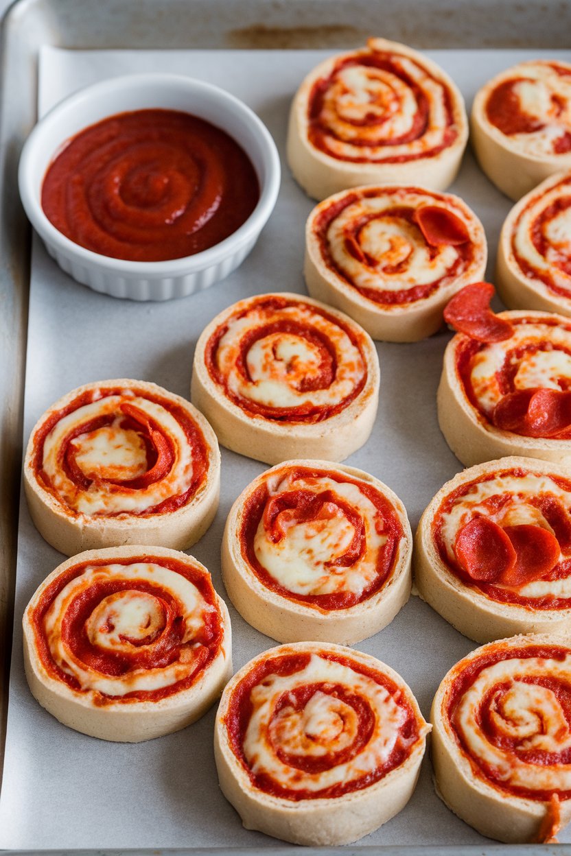 Indoor baking sheet with spiral pinwheels showing layers of pizza dough, melted cheese, and pepperoni, marinara dip nearby. No text or logos.