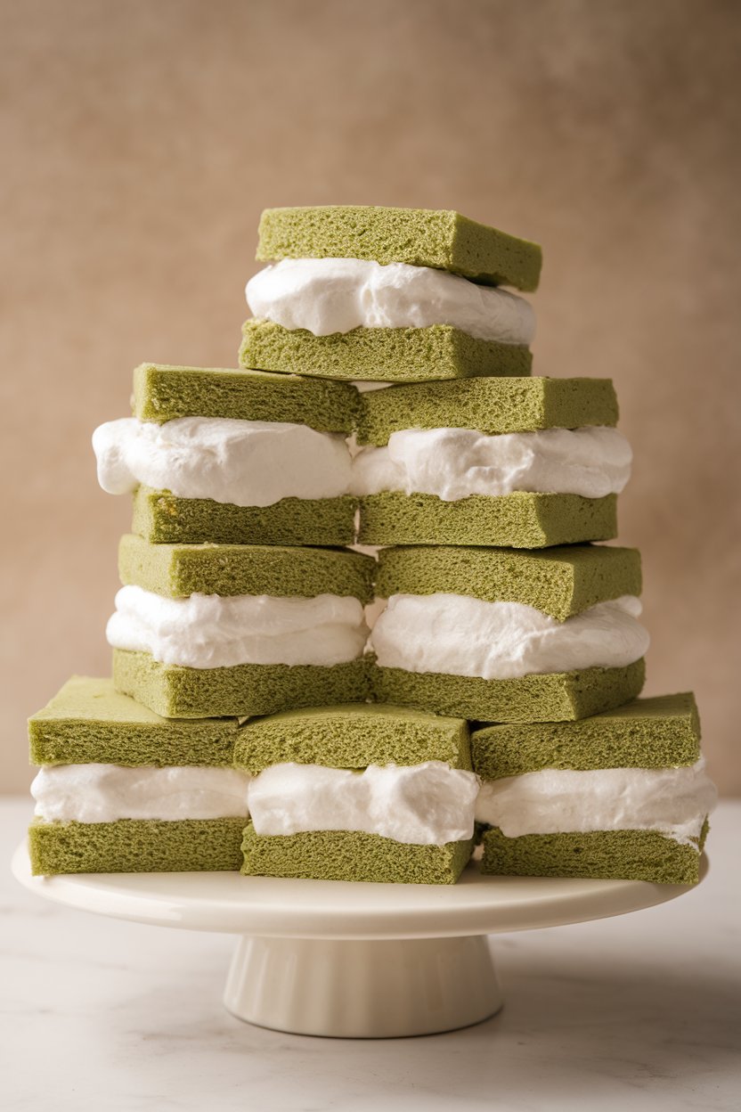 Indoor photo of green cake sandwiches filled with white marshmallow cream, stacked in a pyramid. No logos or text visible.
