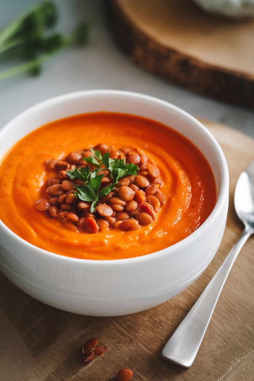 Indoor photo of bright orange carrot soup with lentils served in a white bowl, fresh parsley garnish. No text or logos.