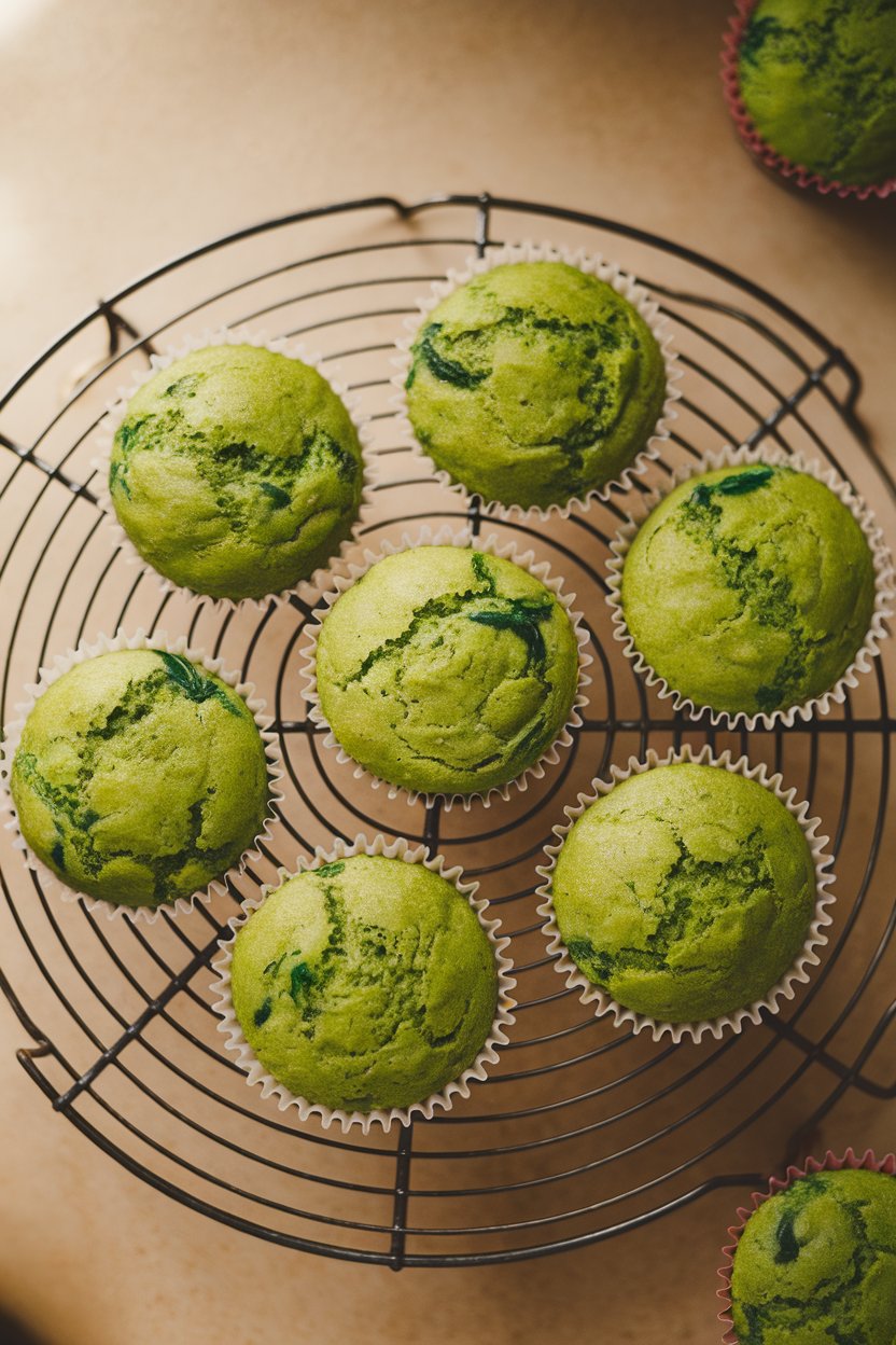A wire cooling rack indoors holding bright green spinach muffins in simple paper liners, shot from overhead with soft kitchen lighting. Photo only, no text or logos.