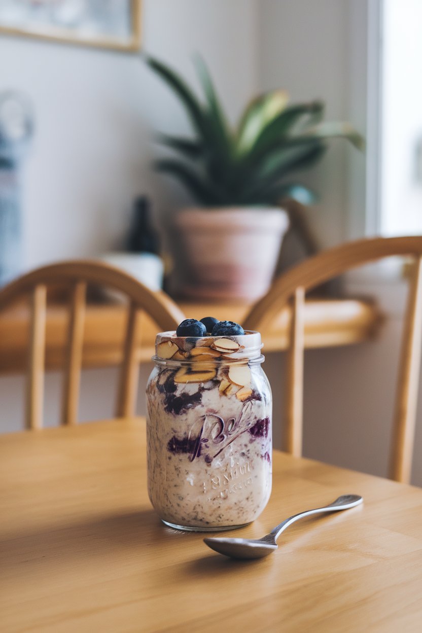 An indoor breakfast nook showing a mason jar of overnight oats swirled with protein powder, almond slices, and blueberries; no text or logos. Photo only.
