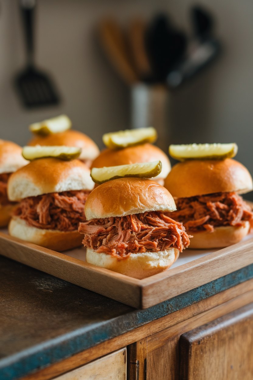 A rustic indoor countertop featuring a wooden tray of mini brioche buns filled with saucy pulled pork, pickle chips on top. Soft warm lighting, no text or logos.