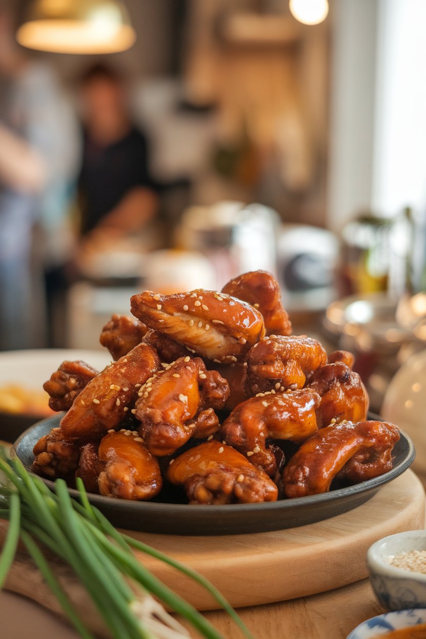 A warmly lit indoor platter piled high with glazed teriyaki chicken wings, sesame seeds sprinkled on top; photo only, no logos or text.