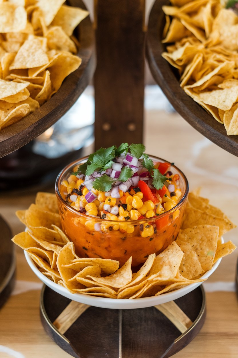 An indoor snack buffet displaying a bowl of charred corn salsa with diced purple onion, cilantro, and red bell pepper, flanked by tortilla chips. No text or logos present.