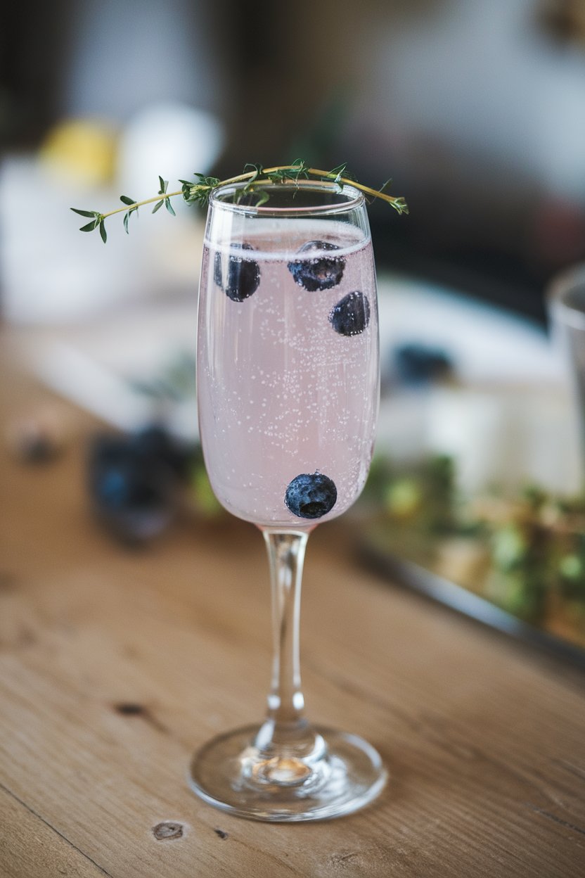 Photo of a flute indoors, filled with pale purple bubbly drink, a few blueberries floating, and thyme sprig; no text or logos.