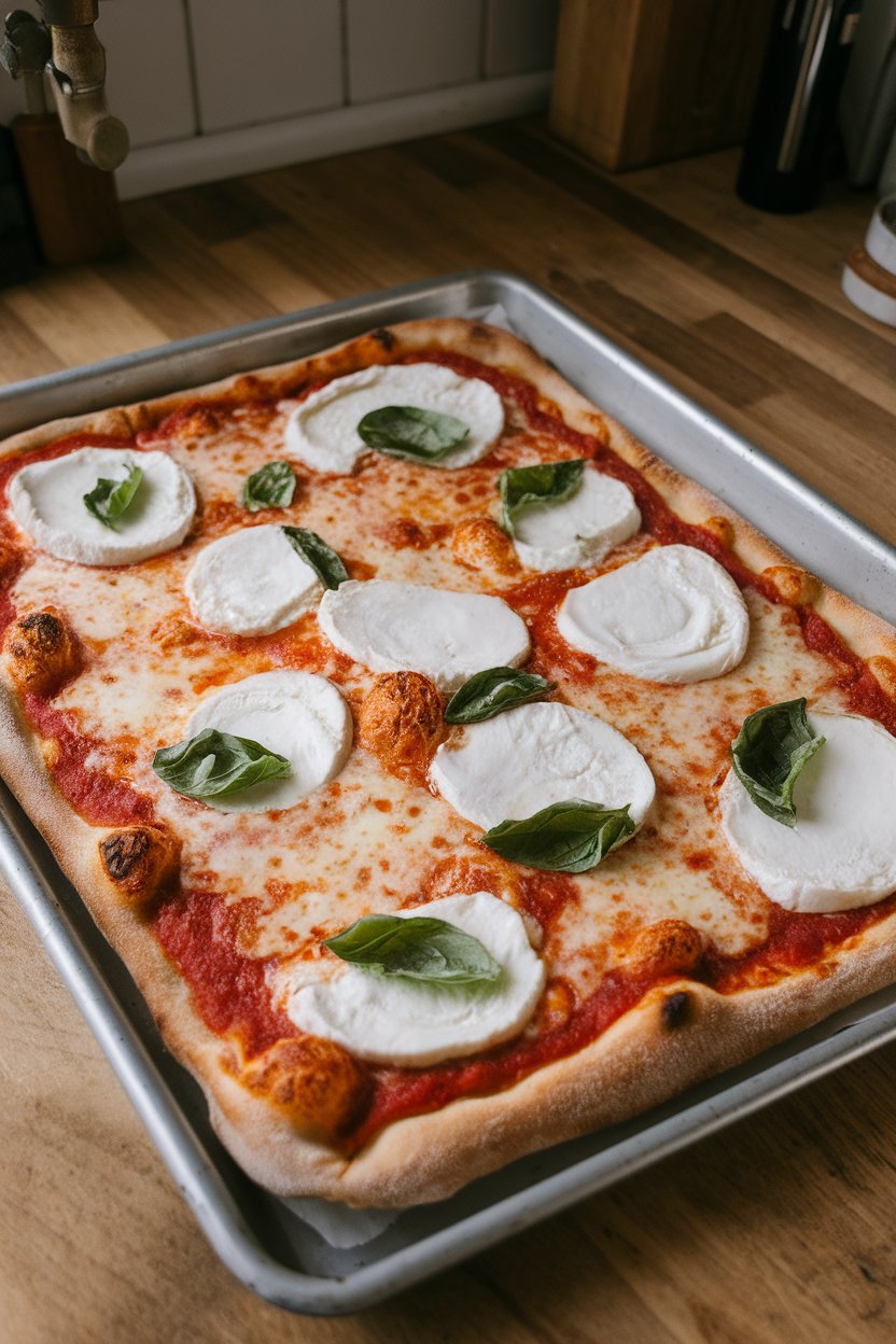 An indoor countertop displaying a sheet pan of bubbling Margherita pizza, cheese browned and basil leaves scattered across the surface. No text or logos visible. Photo only.