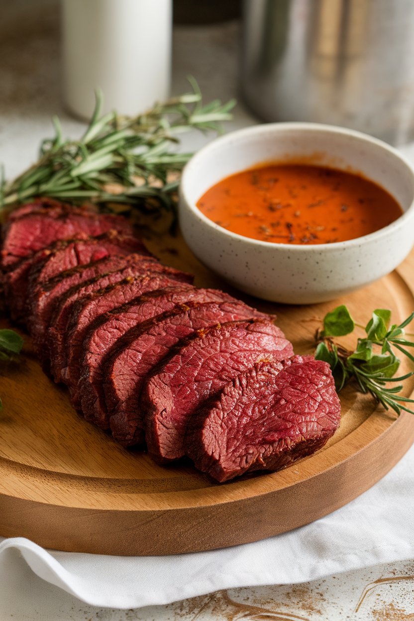 Indoor wooden board showing deep red slices of beef with paprika-tinged gravy pooling around. No text or logos.