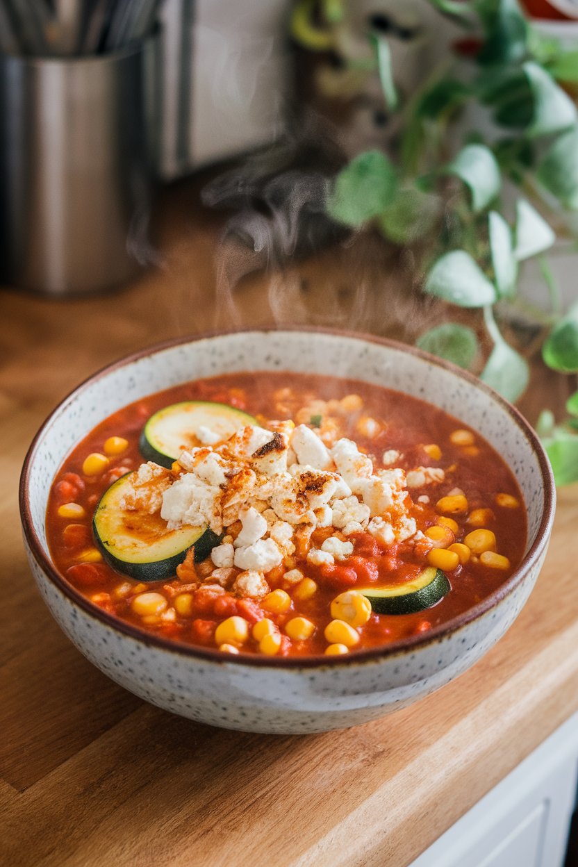 An indoor counter showing a bowl of veggie chili dotted with corn kernels and zucchini rounds, topped with crumbled queso fresco. No logos or text.