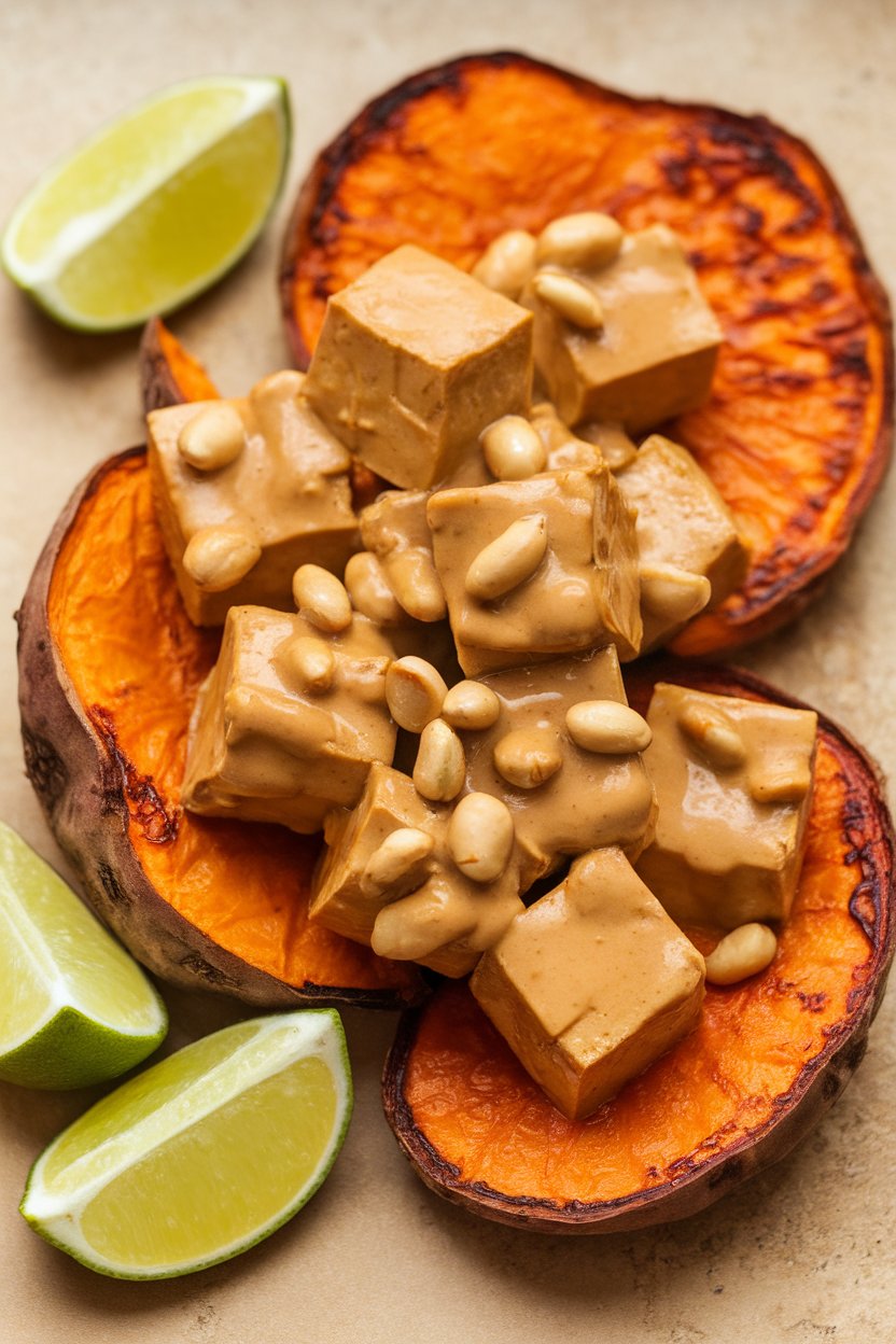 Indoor photo of tofu cubes coated in peanut sauce, roasted sweet potato rounds caramelized at edges, lime wedges nearby. No text or logos.