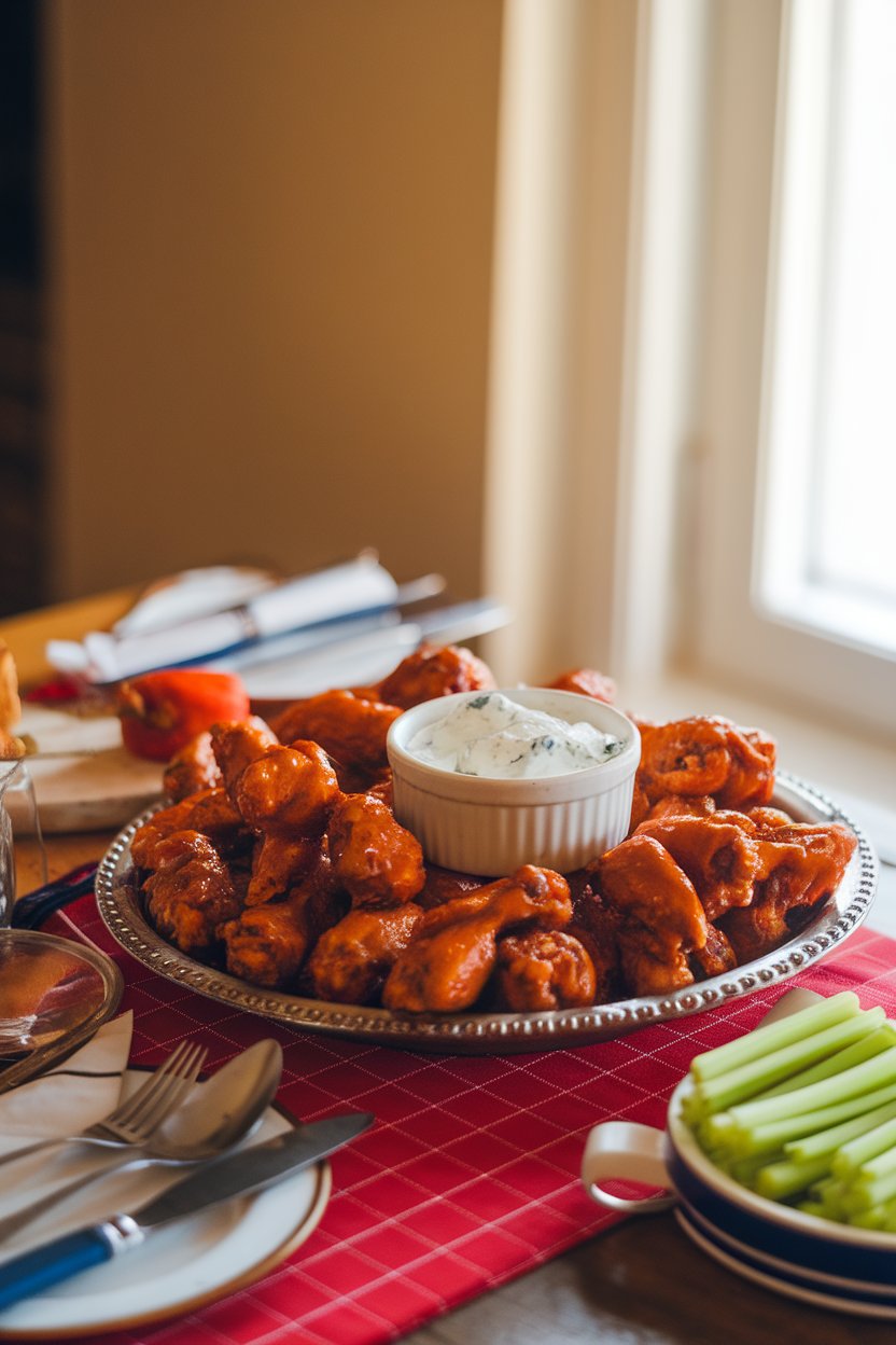 A warmly lit indoor tabletop photo showing a platter piled high with sauced buffalo chicken wings, a ramekin of blue cheese dip, and celery sticks on the side. No text or logos anywhere in the scene.