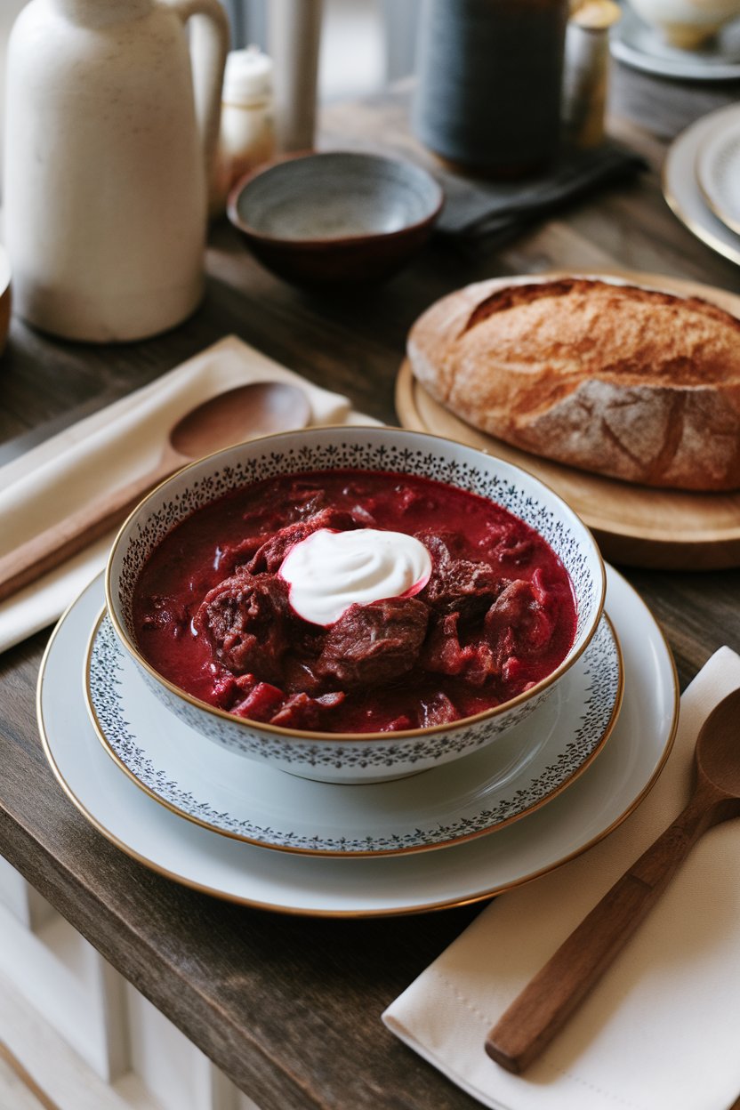 Indoor Eastern European table with a bowl of beef stew tinted ruby by beets, a swirl of sour cream on top. No text or logos. Photo.