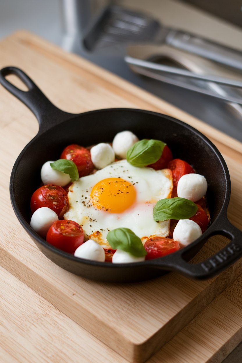 Indoor photo of a small cast-iron pan with baked eggs, cherry tomatoes, mozzarella pearls, and basil, no text or logos visible