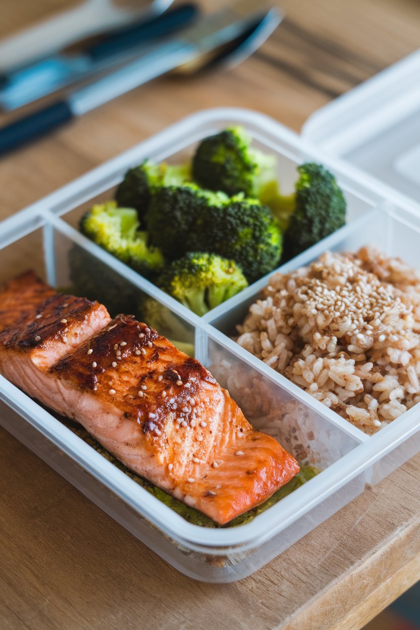Indoor meal-prep container divided with cooked teriyaki salmon, steamed broccoli, and brown rice sprinkled with sesame seeds. No logos or text anywhere.