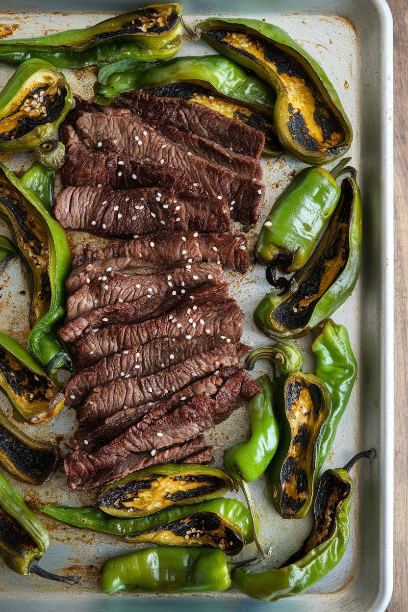 Indoor photo of espresso-seasoned beef strips and blistered shishito peppers on a sheet pan. No text or logos.