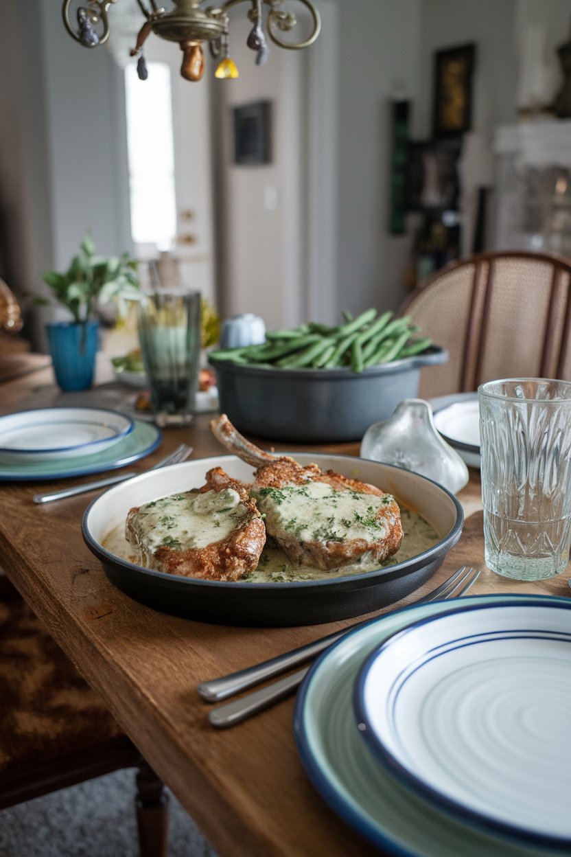 Casual family table with pork chops coated in creamy herb sauce, green beans on side, no text or logos.