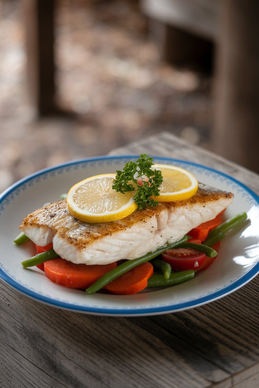 An indoor dinner plate featuring a cooked tilapia fillet with lemon slices and parsley garnish; no text or logos. Photo only.