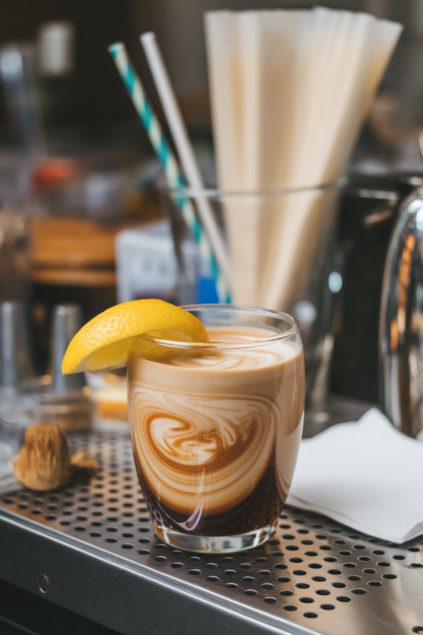 Indoor espresso bar showing a clear glass with layered tonic and espresso shot swirling, lemon twist on rim. No text or logos.