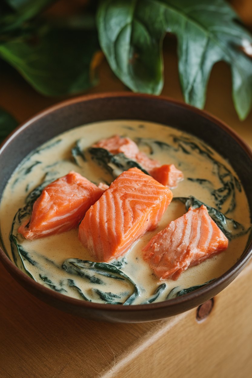 Photo of a bowl containing cooked salmon pieces in a creamy coconut curry sauce with spinach, warm indoor lighting. No text or logos.