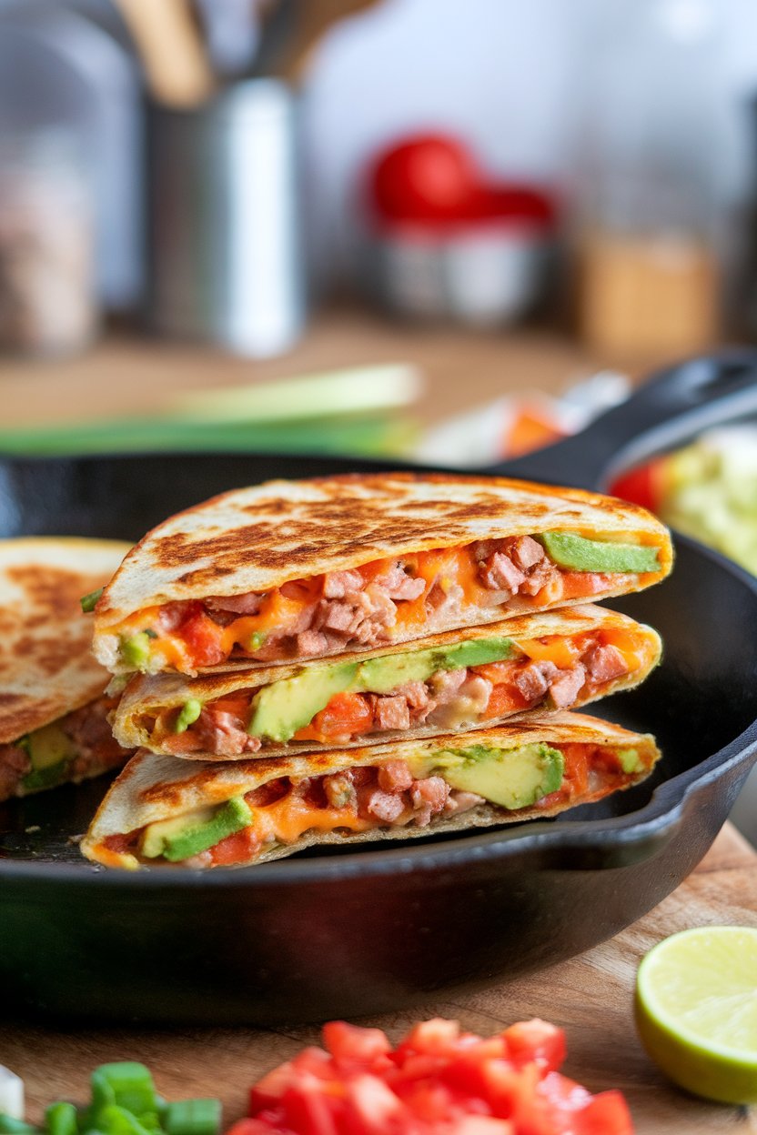 An indoor skillet with a sliced quesadilla showing melted cheese, diced turkey, and avocado inside whole-grain tortillas. No text or logos present. Photo, not illustration.