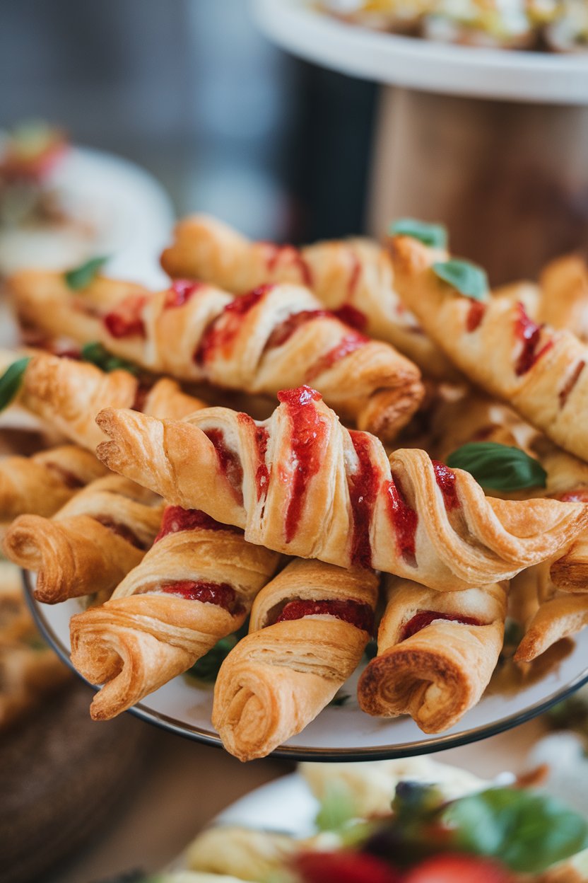 An indoor appetizer platter featuring puff pastry twists with visible strawberry jam streaks and flecks of basil. Photo, no text or logos.