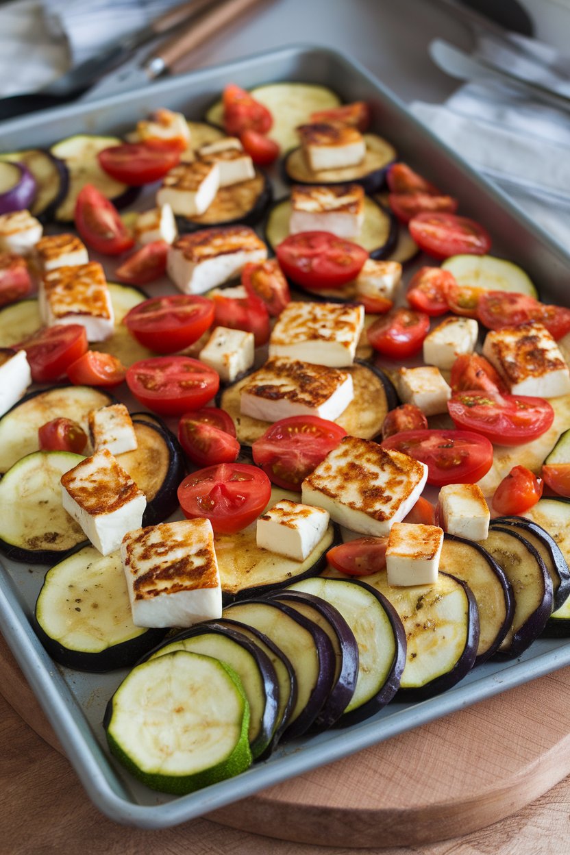 Indoor shot of a colorful medley of zucchini, eggplant, tomatoes, and seared halloumi cubes on a sheet pan. No text or logos.
