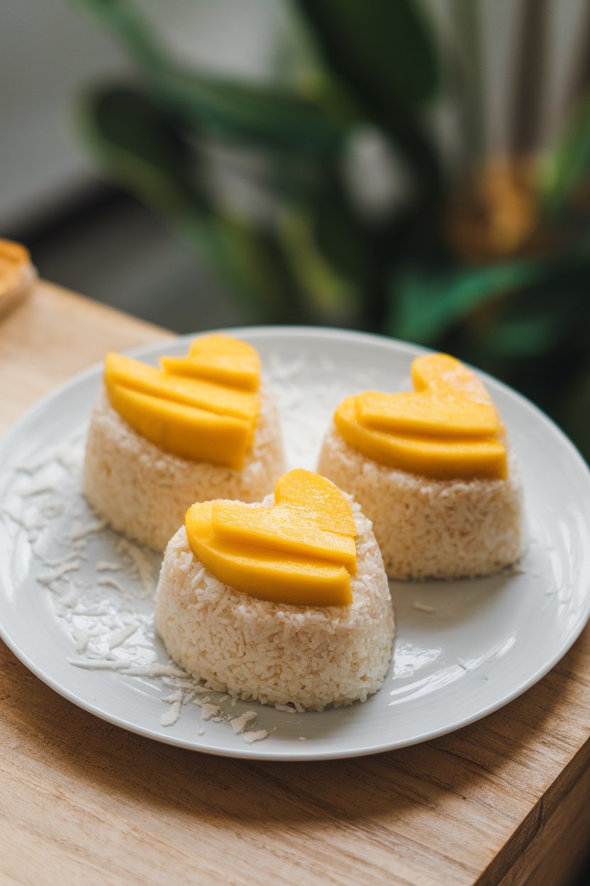Photo of heart-shaped mounds of coconut sticky rice topped with fresh mango slices on an indoor white plate, coconut drizzle on side. No text or logos.