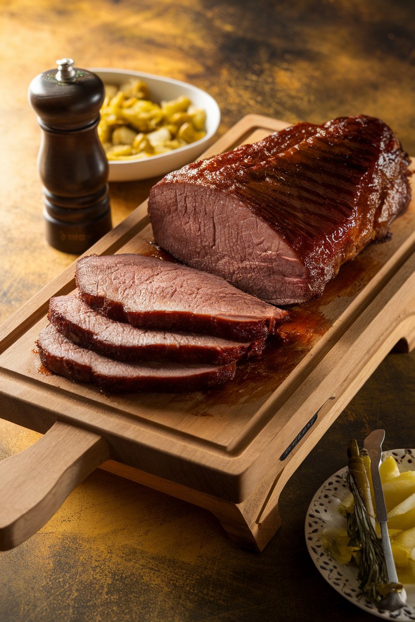 An indoor carving board with sliced smoked-style brisket glistening in its juices, warm kitchen lighting; photo only, no text or logos.