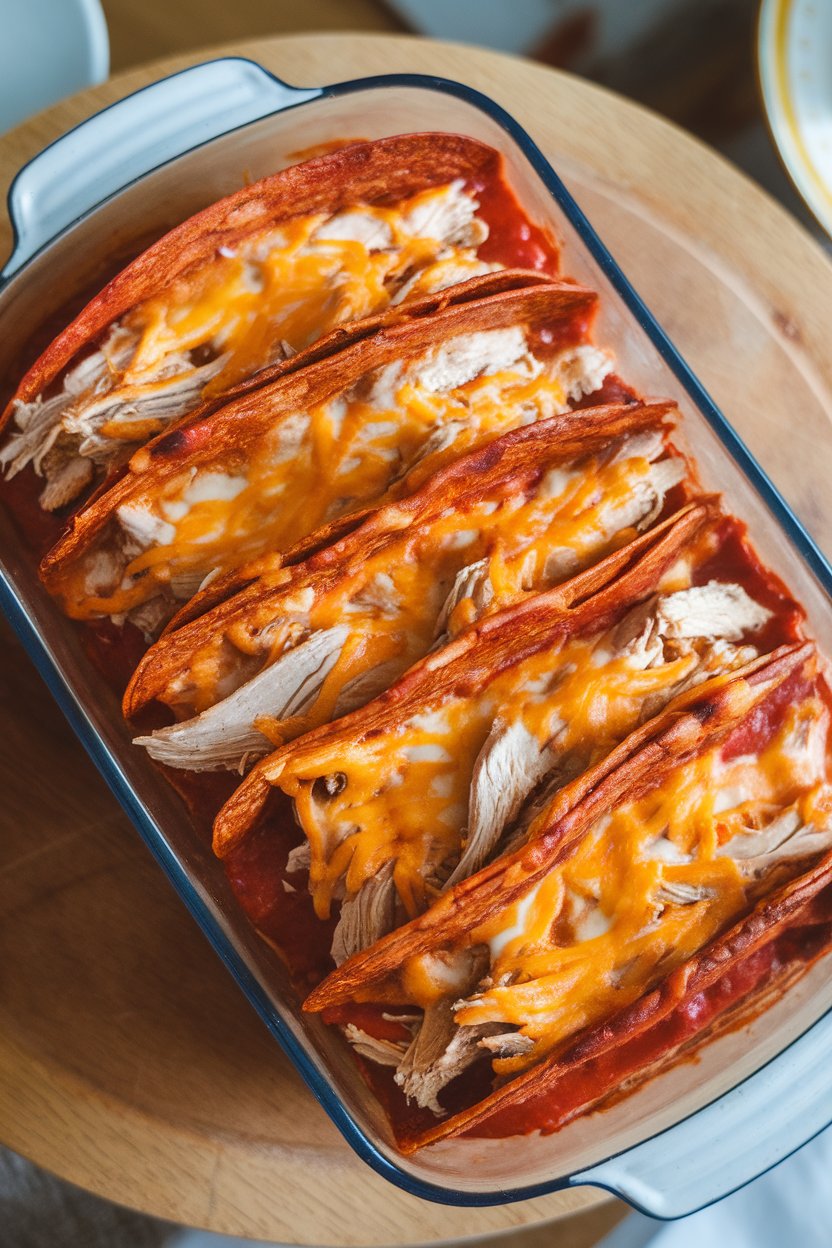 Indoor casserole dish layered with red-sauced tortillas, melted cheese, and shredded chicken, photographed from a slight overhead angle. No logos or text.