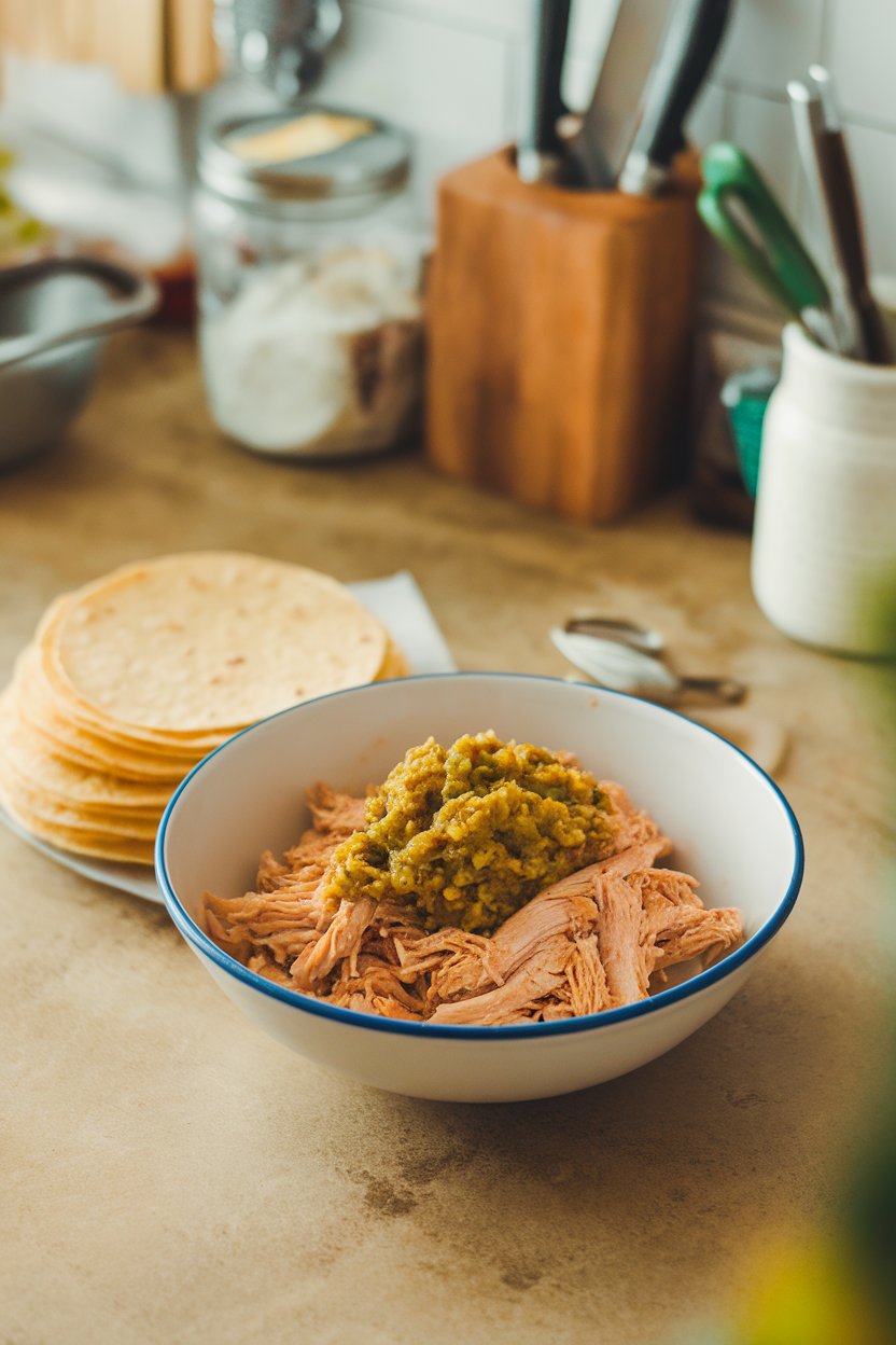 Indoor countertop scene with a platter of shredded chicken tossed in green salsa, small corn tortillas stacked nearby. No text or logos visible.