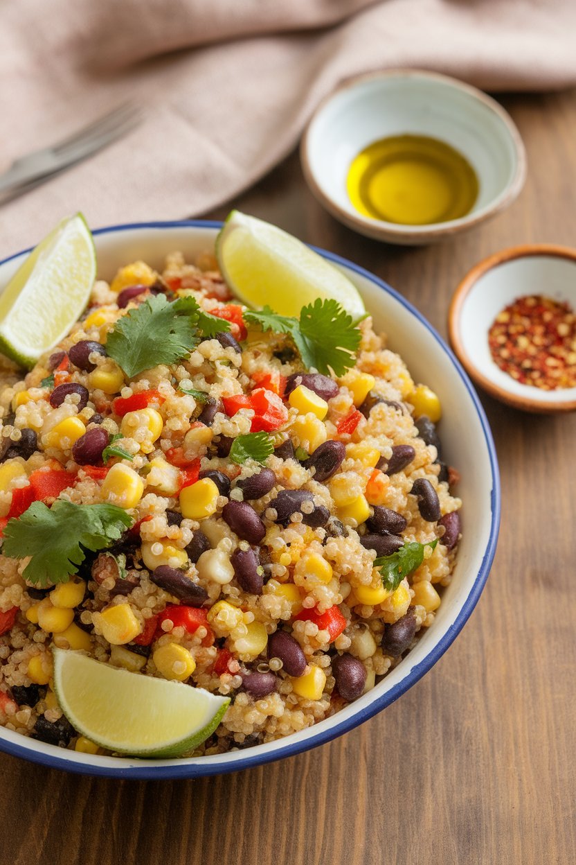 Indoor photo of a colorful quinoa salad featuring black beans, corn, red pepper, and cilantro in a serving bowl. No logos or text.