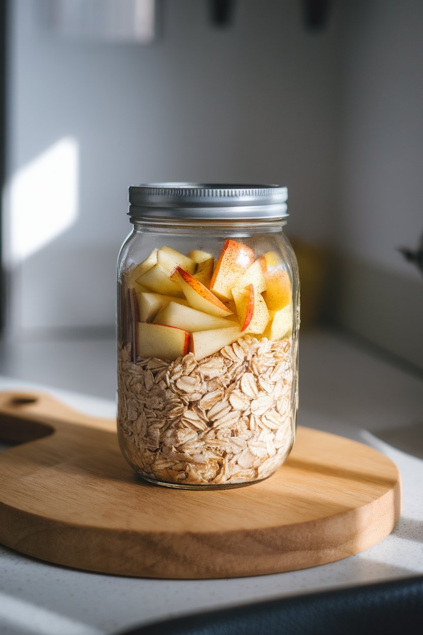 A mason jar layered with oats, diced apples, and cinnamon, resting on an indoor countertop with morning light. No text or logos visible; photo.