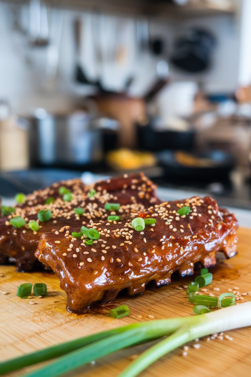 Indoor photo of glossy honey-garlic short ribs sprinkled with sesame seeds; no text or logos