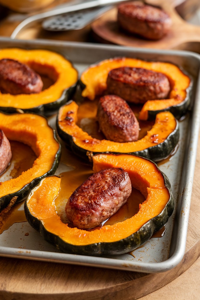 Sheet pan with half-moon acorn squash slices glazed in maple syrup, interspersed with browned sausage links; indoor lighting. No logos or text.