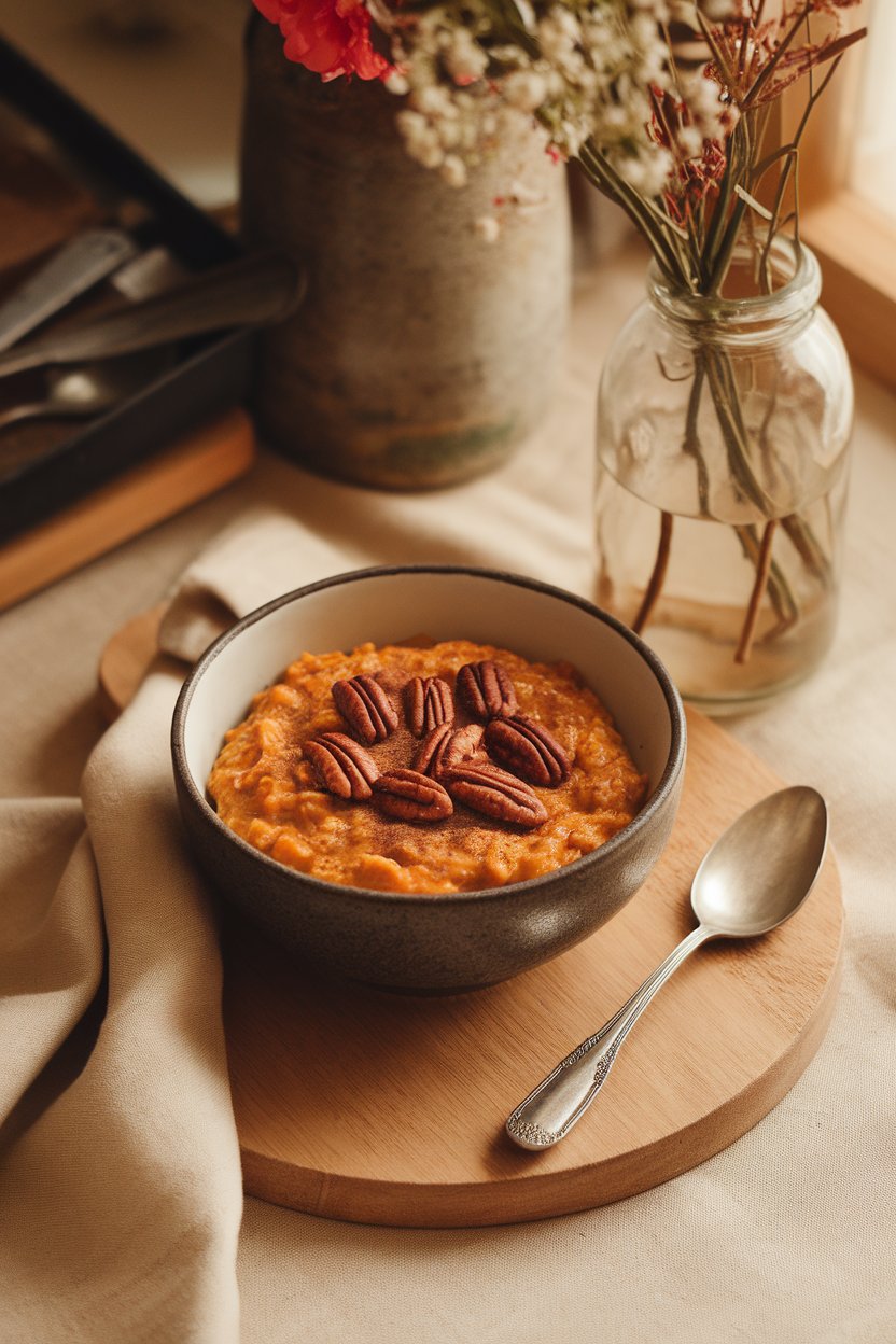 An indoor breakfast setting with a bowl of pumpkin oats topped with toasted pecans and a sprinkle of cinnamon. No text or logos. Photo.