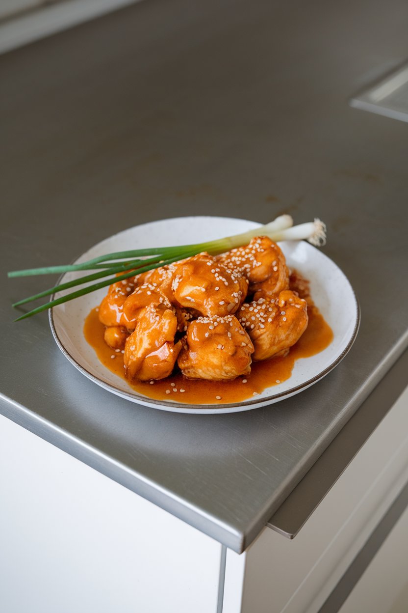 Indoor countertop showcasing a plate of chicken chunks coated in glossy orange-ginger sauce, garnished with sesame seeds; no text or logos; photo.