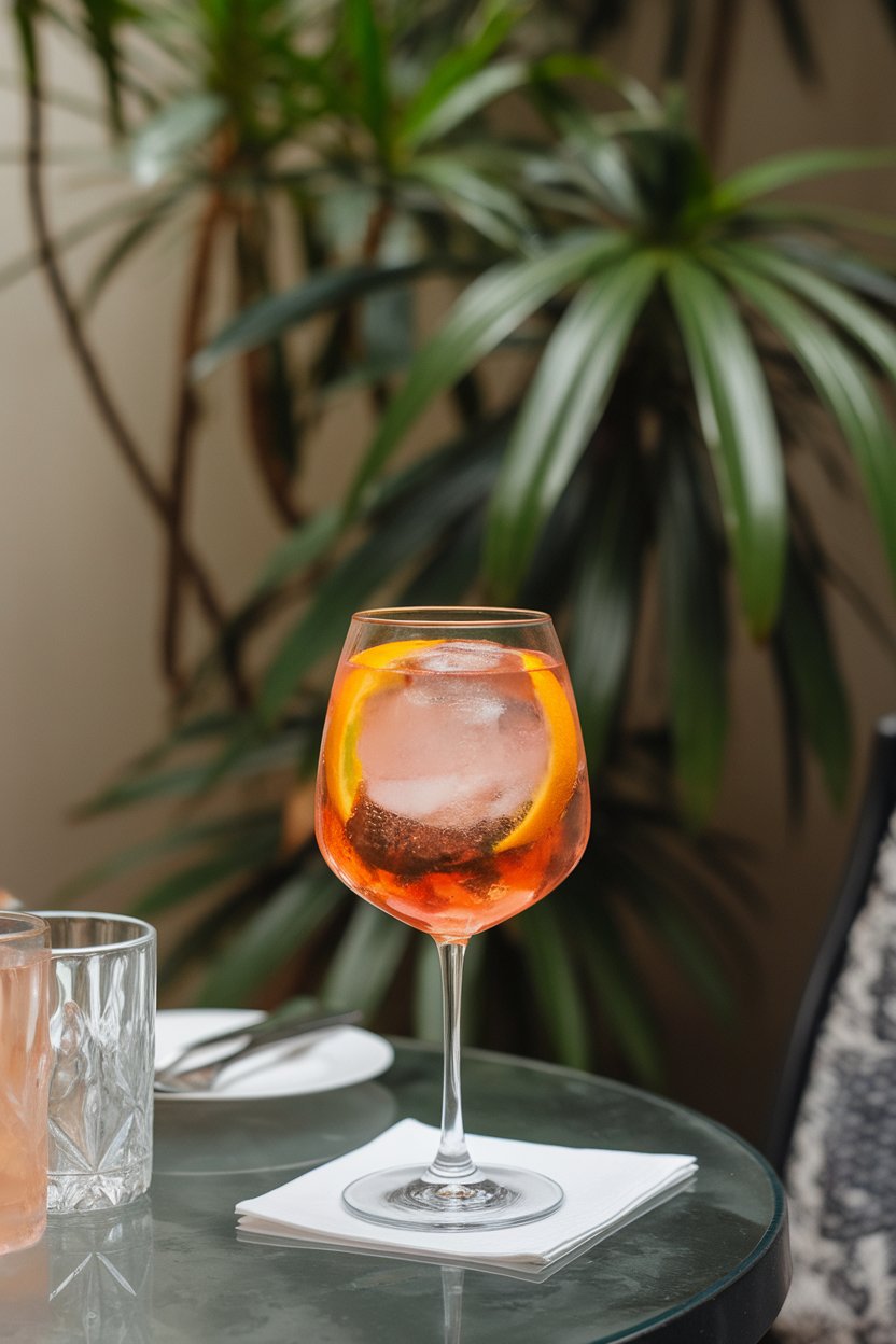 Indoor courtyard table with stemmed wine glass of orange-pink spritz, large ice cubes and orange slice, no text or logos, photo