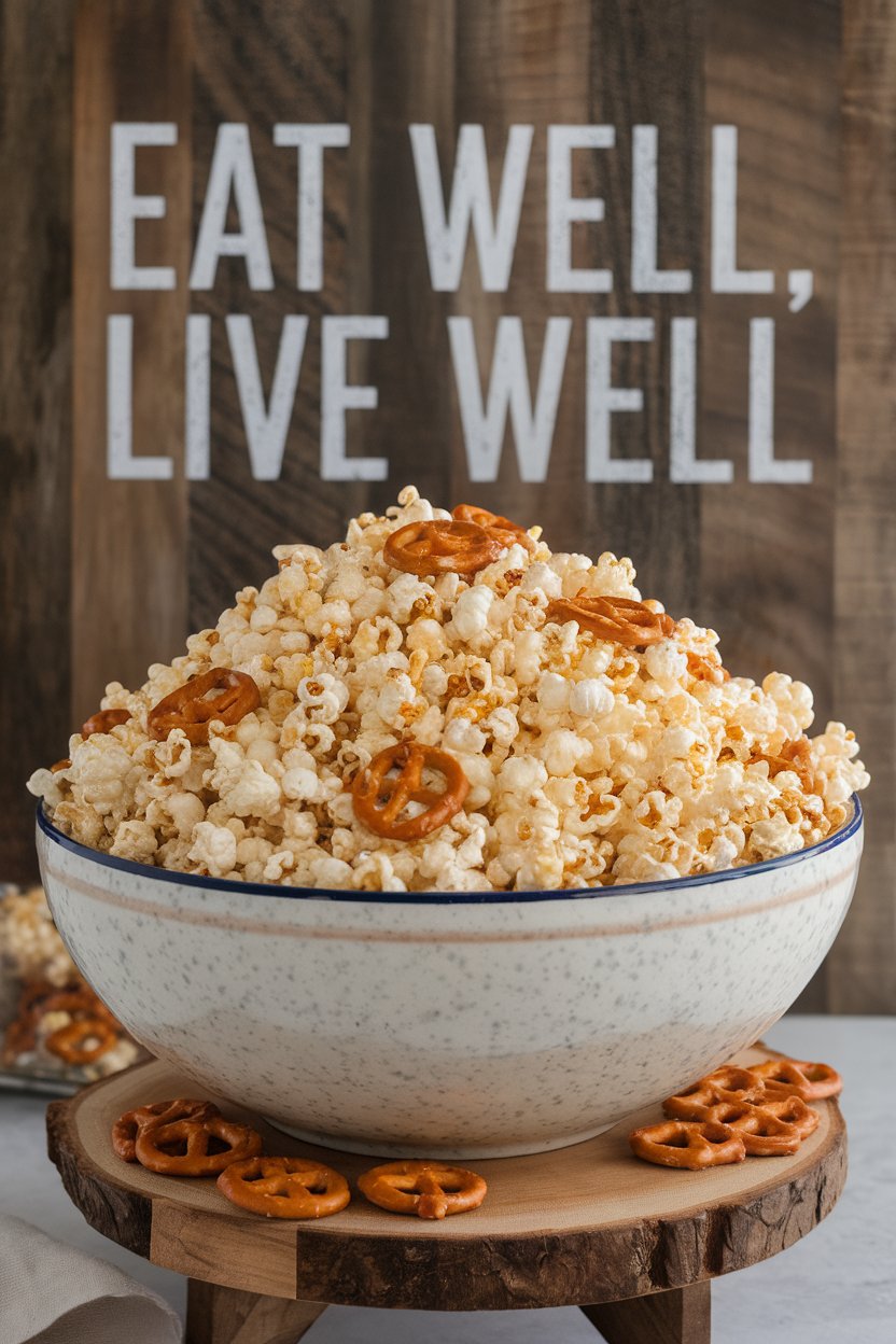 Indoor bowl overflowing with white cheddar popcorn mixed with tiny pretzels, no text or logos
