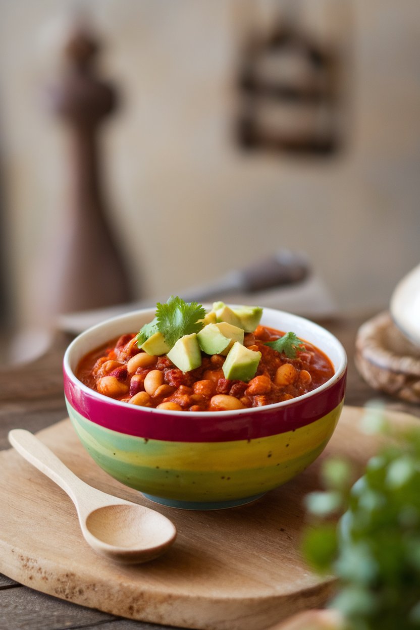 An indoor tabletop featuring a colorful bowl of three-bean chili topped with diced avocado and cilantro; photo only, no text or logos.