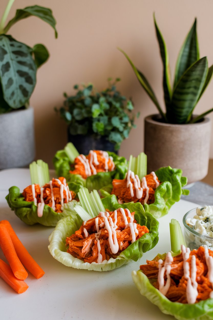 Indoor scene showing lettuce cups filled with shredded buffalo chicken, drizzled with ranch, garnished with celery slices. Photo only, no logos.