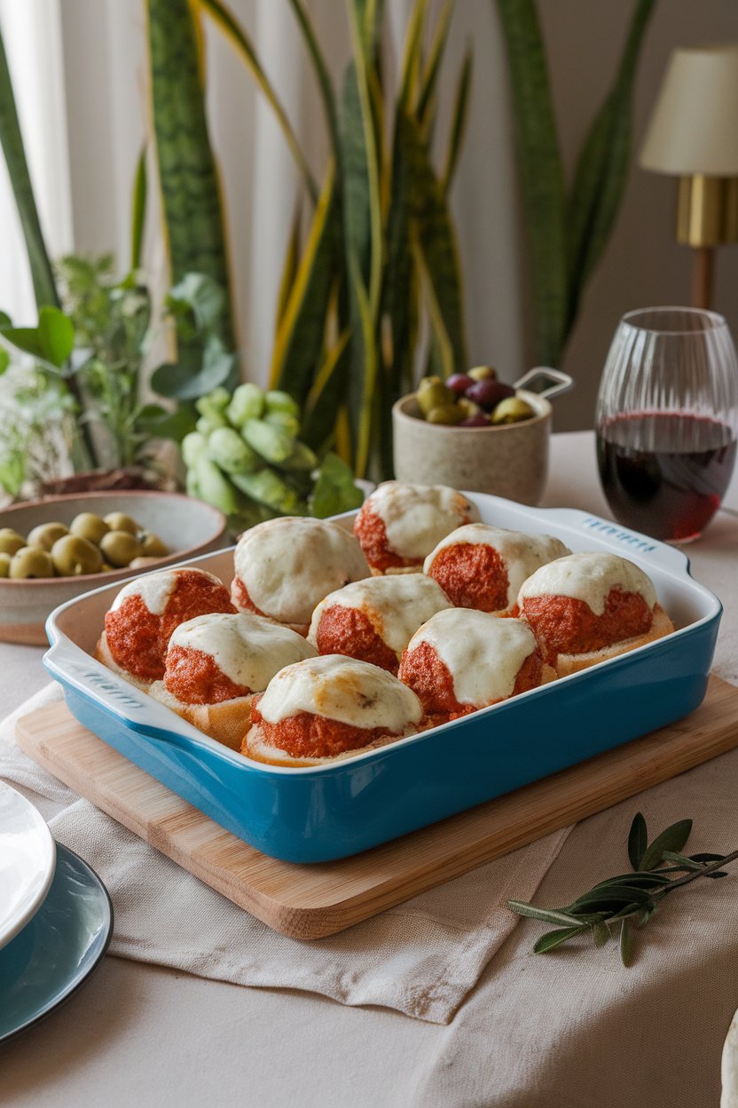 Indoor dining table with a baking dish of marinara-coated meatballs nestling in slider buns, mozzarella melted over the top. No text or logos.
