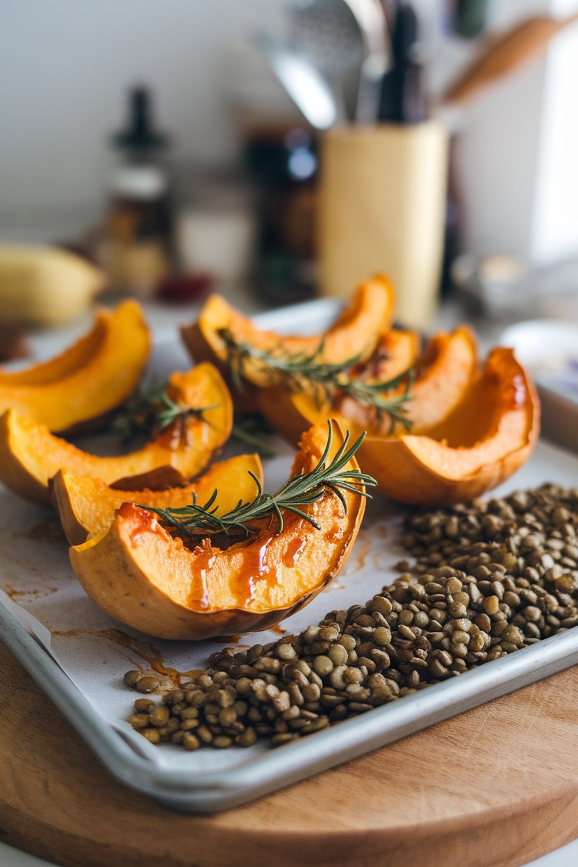 Indoor photo of acorn squash wedges glazed with maple and rosemary, roasted green lentils spread nearby on a sheet pan. No text or logos.