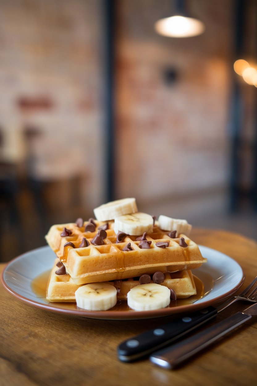 An indoor breakfast plate stacked with golden waffles studded with chocolate chips, banana slices and a drizzle of syrup. No text or logos. Photo.