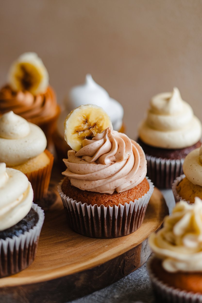 Indoor photo of cupcakes with coffee-cream swirl and caramelized banana chip, no text or logos