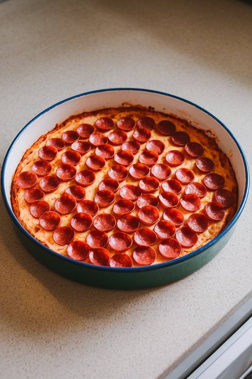 A photo of a round baking dish on an indoor countertop filled with gooey pizza dip topped with mini pepperoni slices. No text or logos.