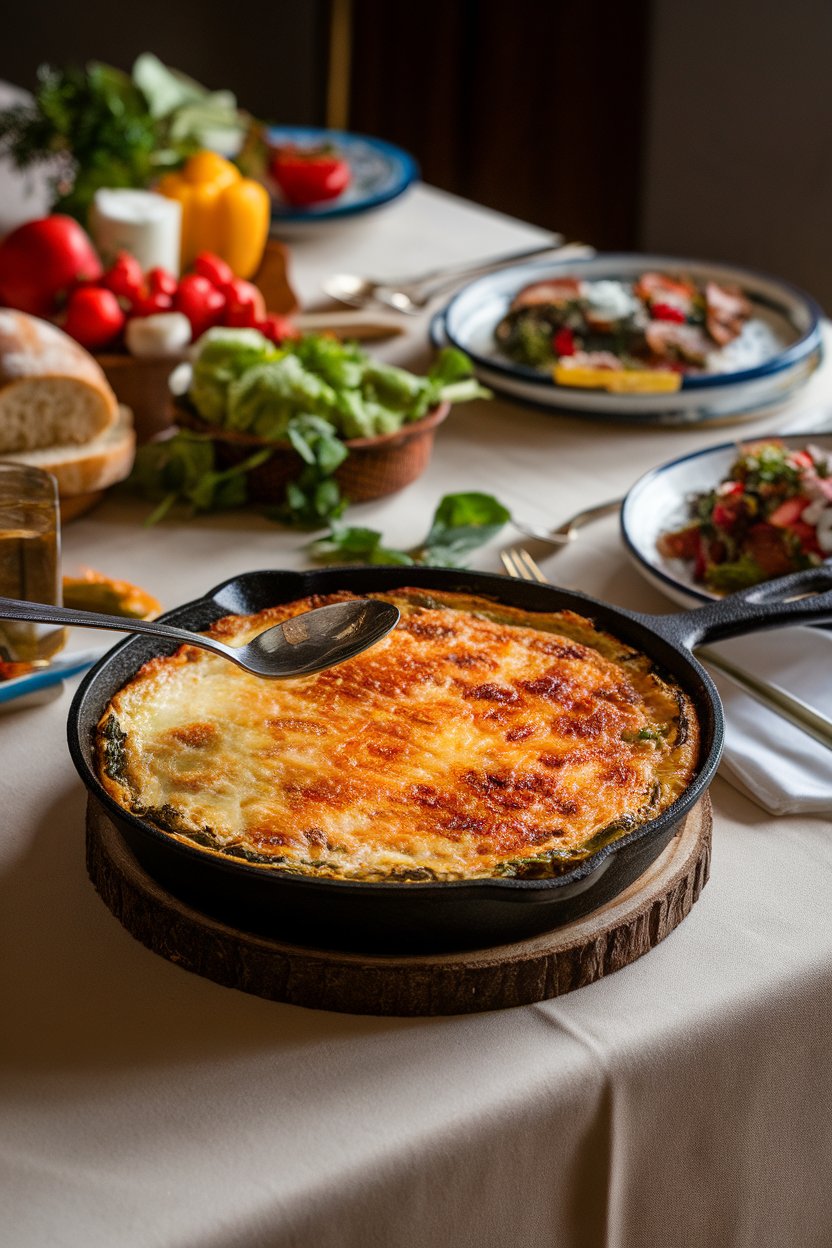 A photo of an indoor dining table holding a cast-iron skillet filled with creamy spinach-artichoke dip, cheese browned on top and a spoon ready for serving. Soft yellow lighting, no text or branding.