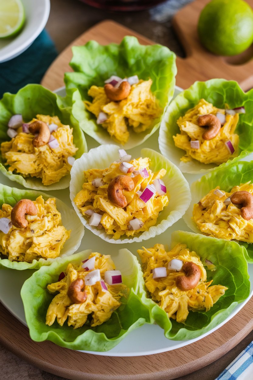 Indoor plate of butter lettuce cups filled with yellow curry chicken salad, no text or logos