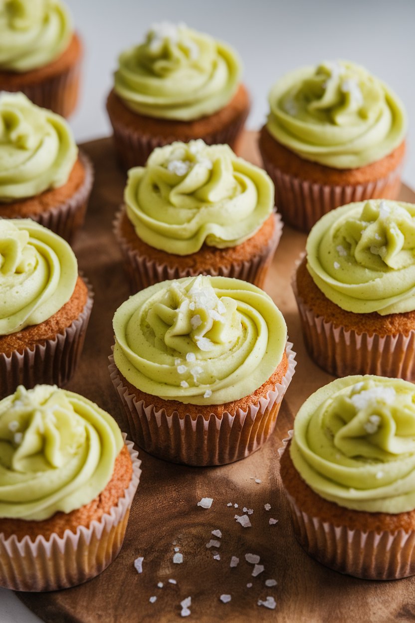 Indoor photo of lime-frosted cupcakes with a sprinkle of sea salt on top, paper liners plain; no text or logos.