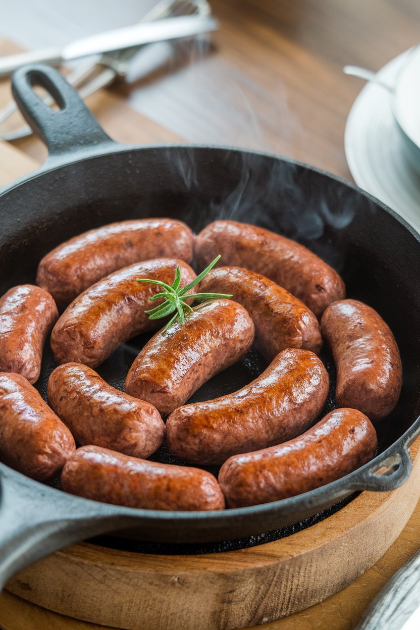 Indoor cast-iron pan of sizzling andouille sausage rounds, no text or logos